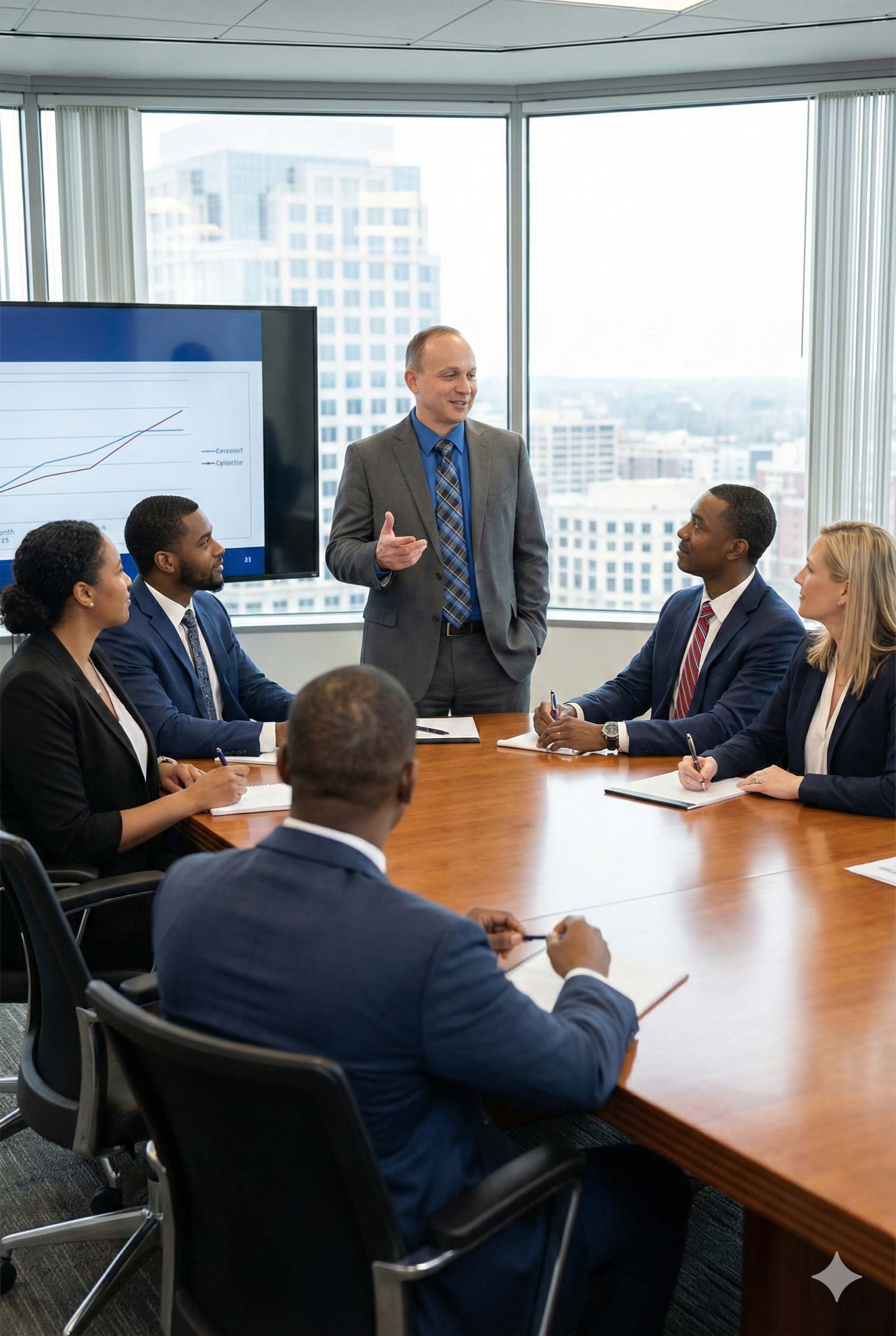 Philip Matusiak Speaking To Executives in a Gray Suit